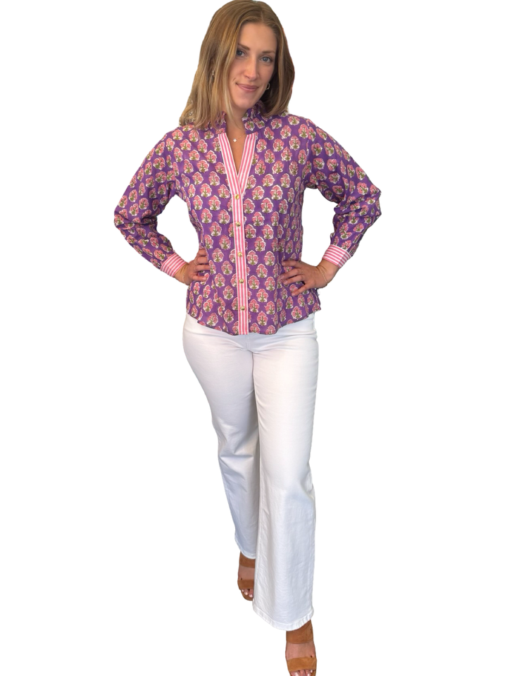 The Reynolds Cotton Hand Block Printed Top in Purple and Pink