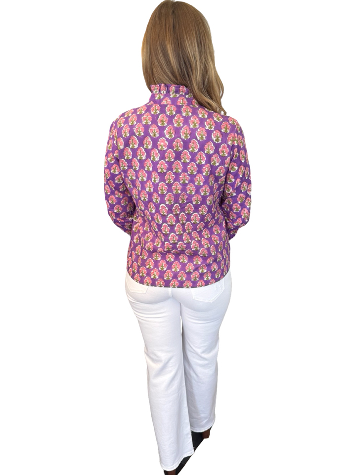 The Reynolds Cotton Hand Block Printed Top in Purple and Pink