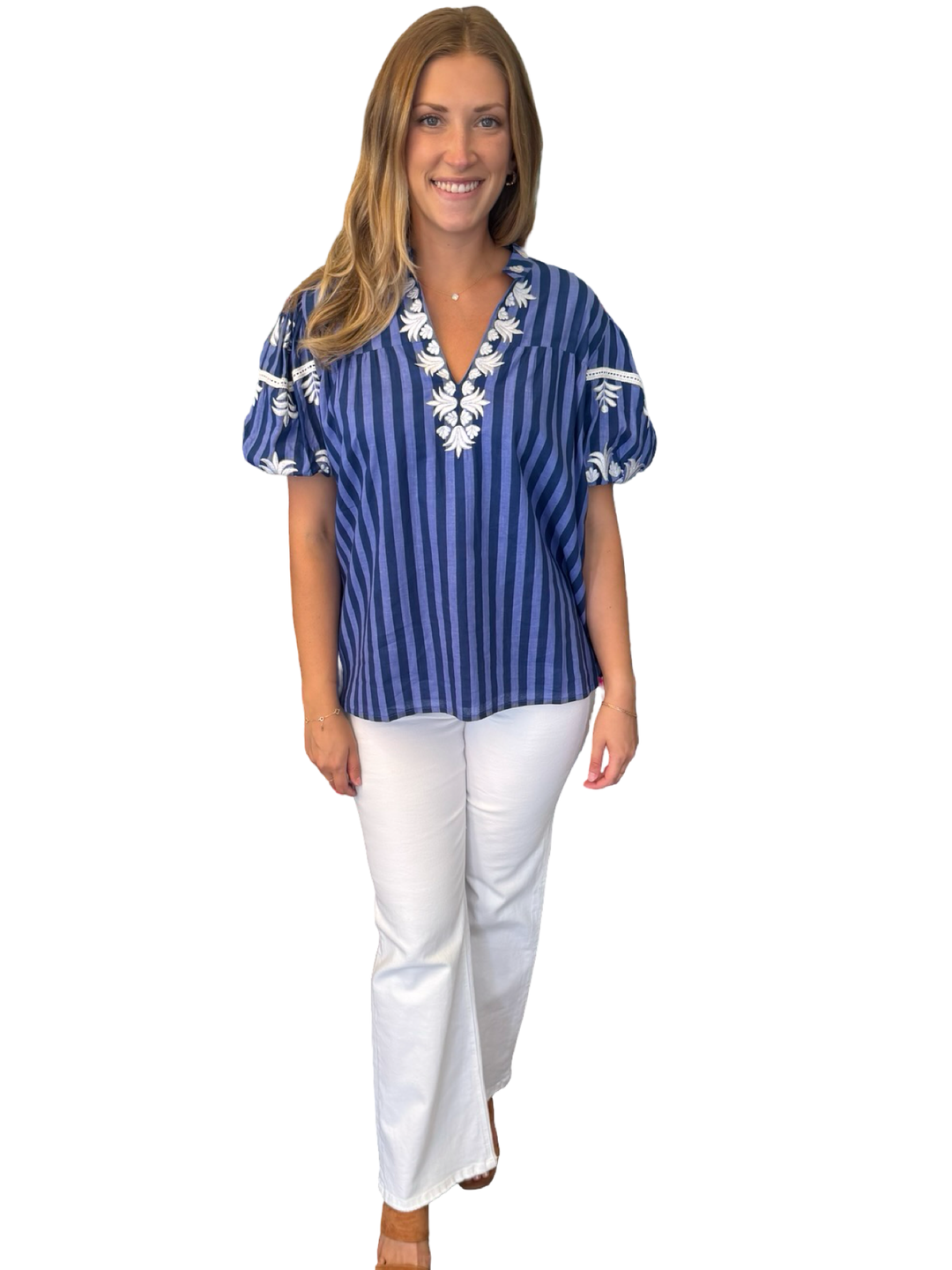 The Kelly Embroidered Cotton Top in Blue Stripe