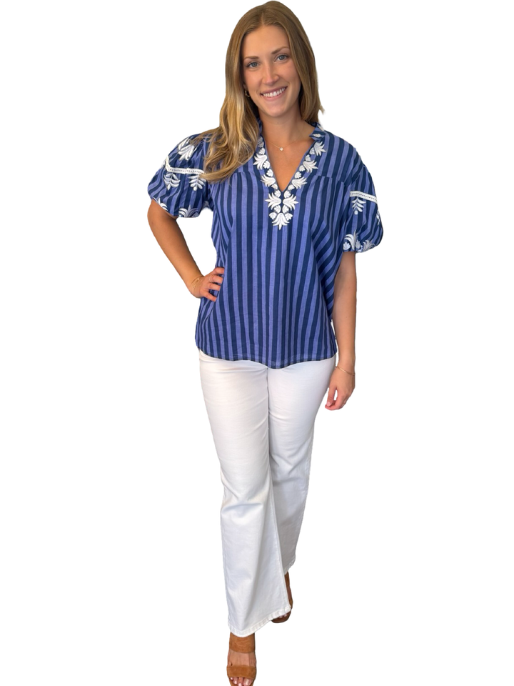 The Kelly Embroidered Cotton Top in Blue Stripe