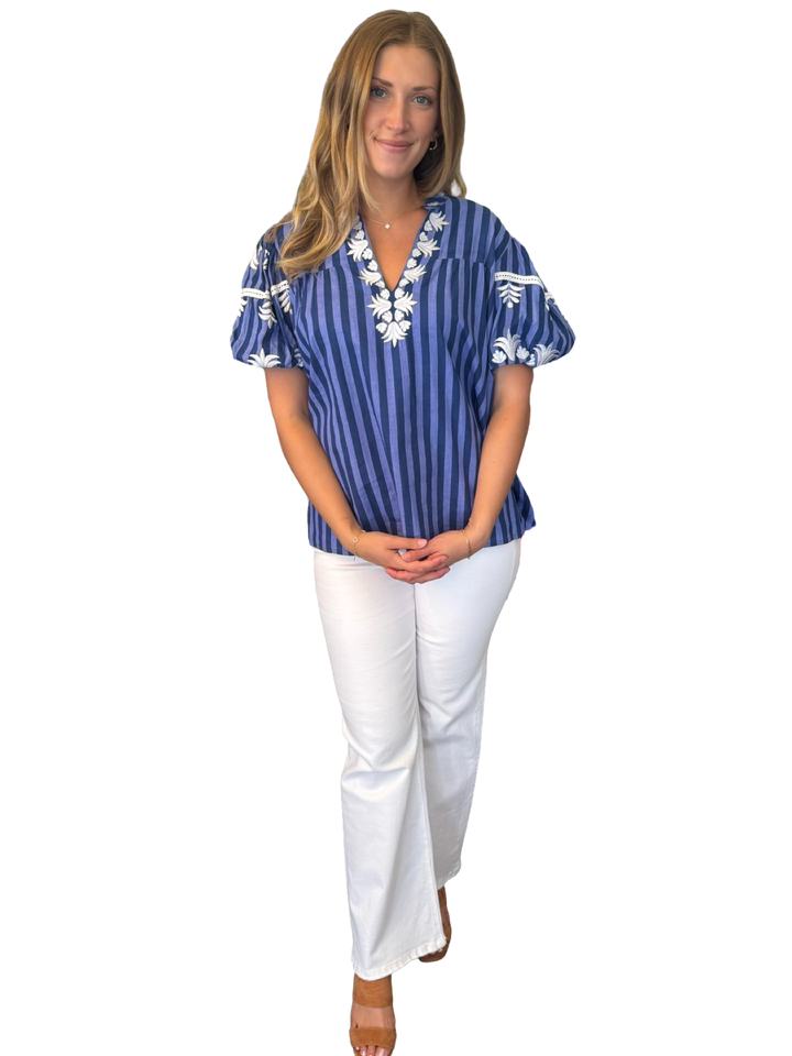 The Kelly Embroidered Cotton Top in Blue Stripe