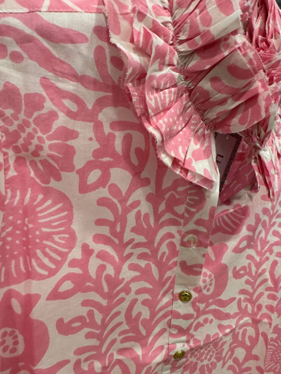The Maria Ruffle Neck Blouse in Pink White Floral