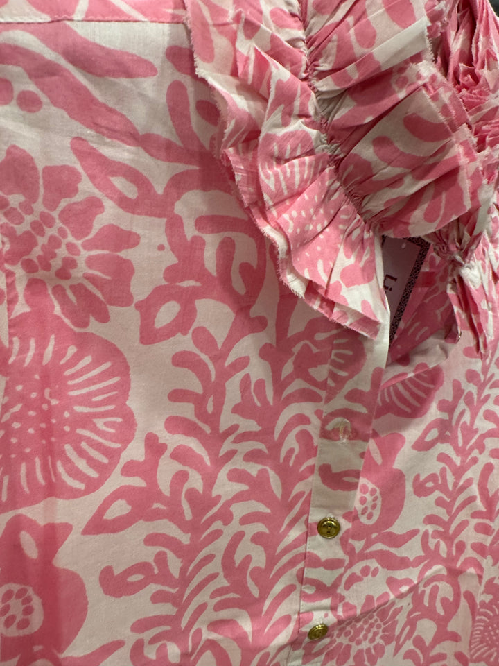 The Maria Ruffle Neck Blouse in Pink White Floral
