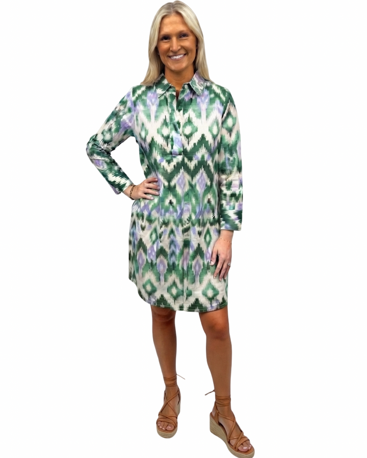 The Holland Cotton Shirt Dress in Green Ikat