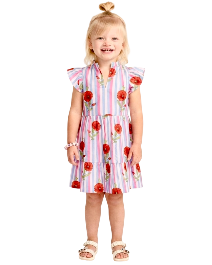 The Tinley Striped Cotton Hand Block Printed Cotton Dress for Girls in Pink Blue Floral