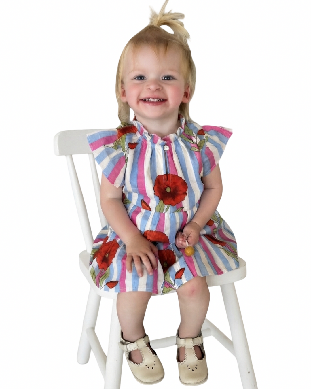The Tinley Striped Cotton Hand Block Printed Cotton Dress for Girls in Pink Blue Floral