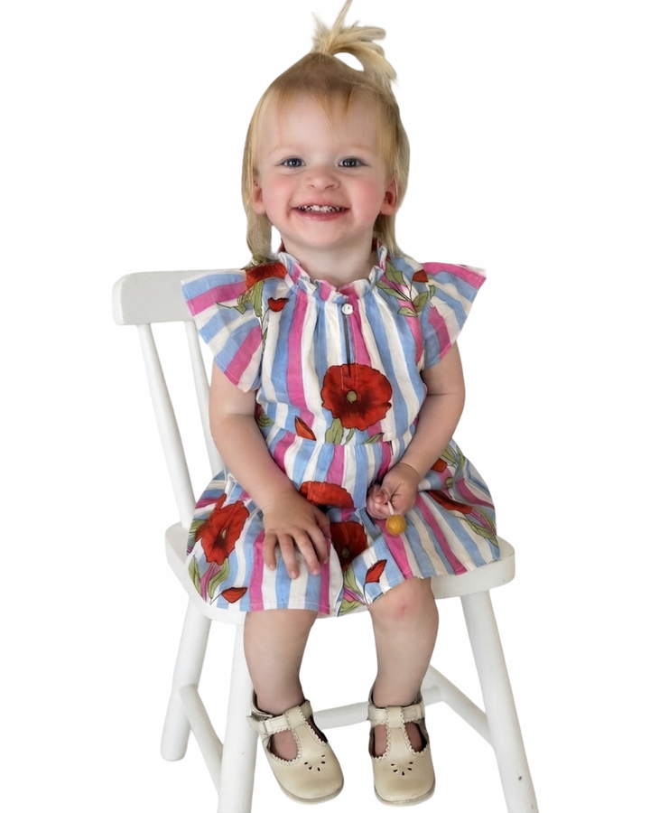 The Tinley Striped Cotton Hand Block Printed Cotton Dress for Girls in Pink Blue Floral