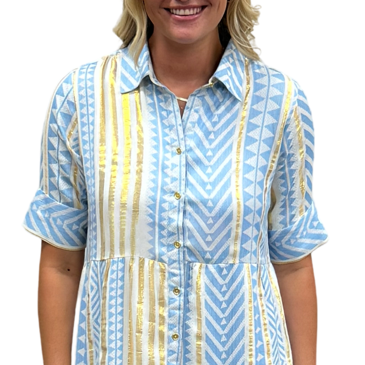 The Reagan Collared Button Front Short Sleeve Dress in Blue Gold Jacquard — view 4