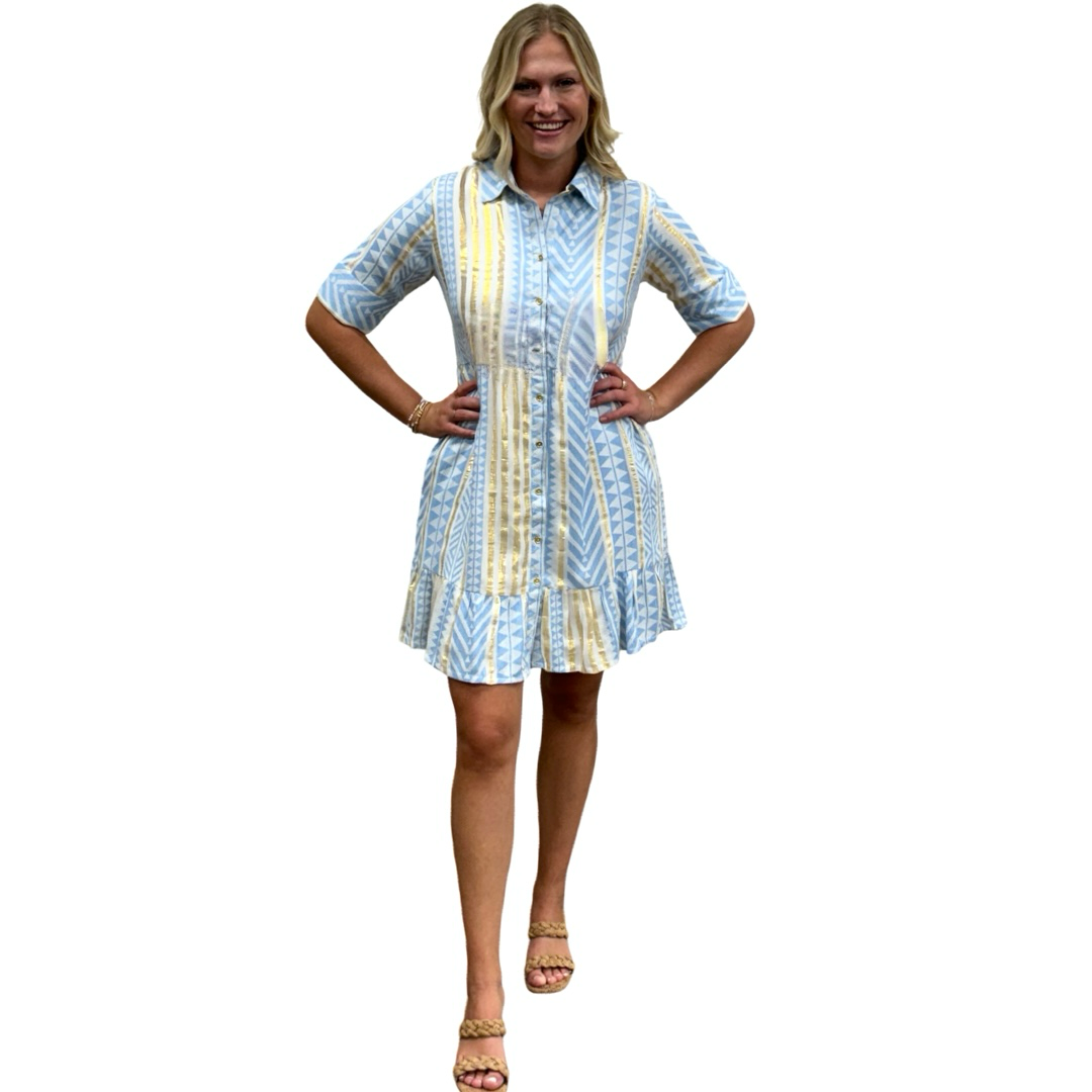 The Reagan Collared Button Front Short Sleeve Dress in Blue Gold Jacquard — view 2