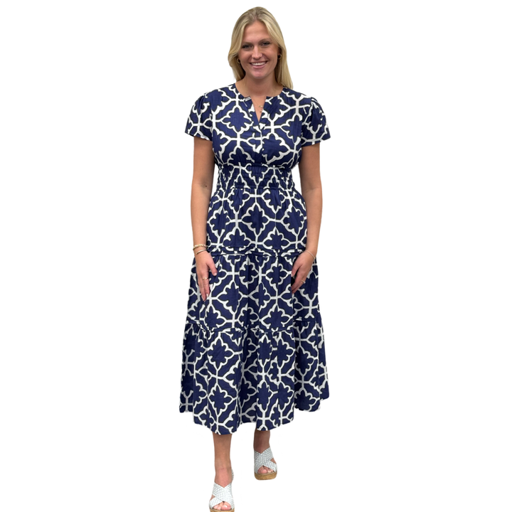 The Sydney Cinch Waist Dress in Hourglass Blue and White — view 3