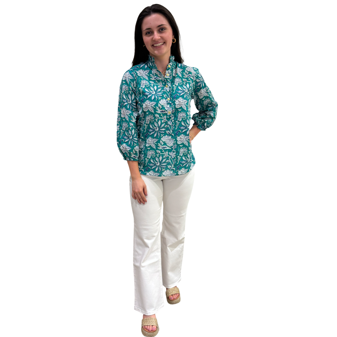 The Tricia Cotton Hand Block Printed Top in Green and Blue Floral