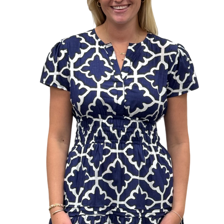The Sydney Cinch Waist Dress in Hourglass Blue and White — view 4