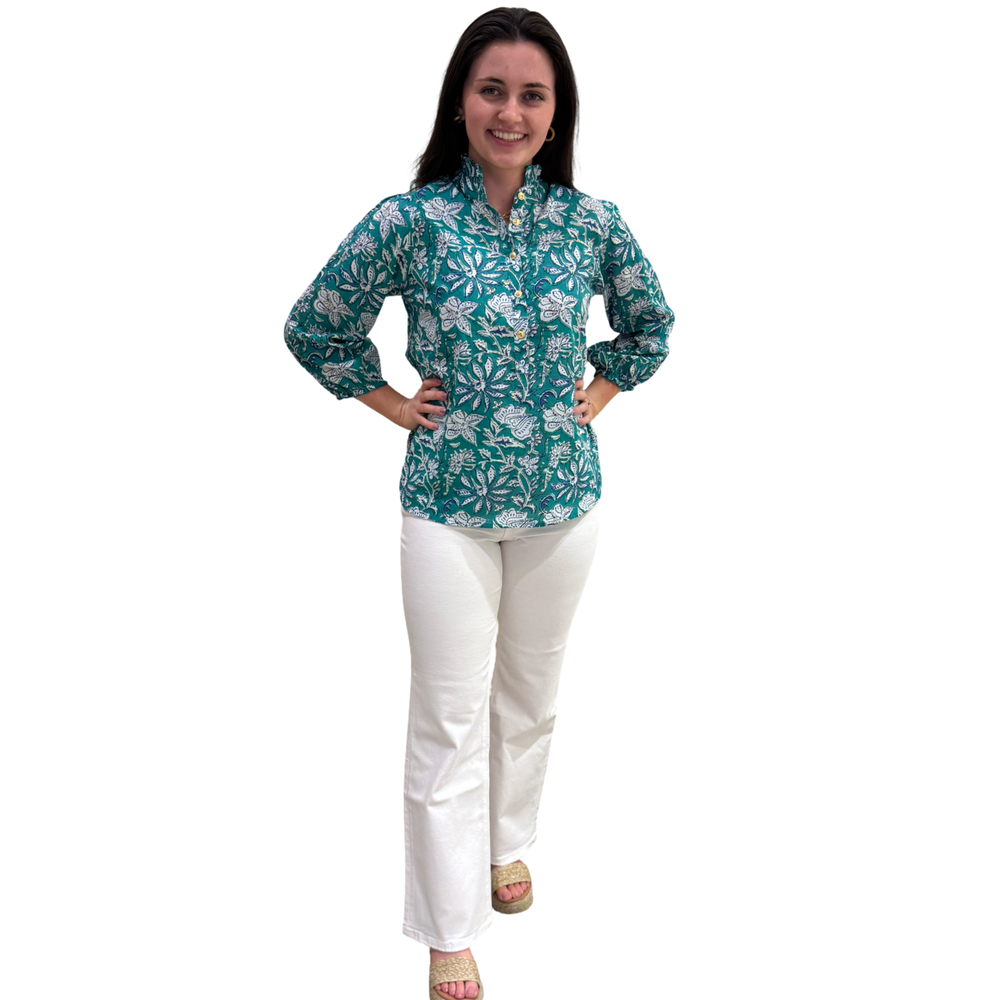 The Tricia Cotton Hand Block Printed Top in Green and Blue Floral — view 2