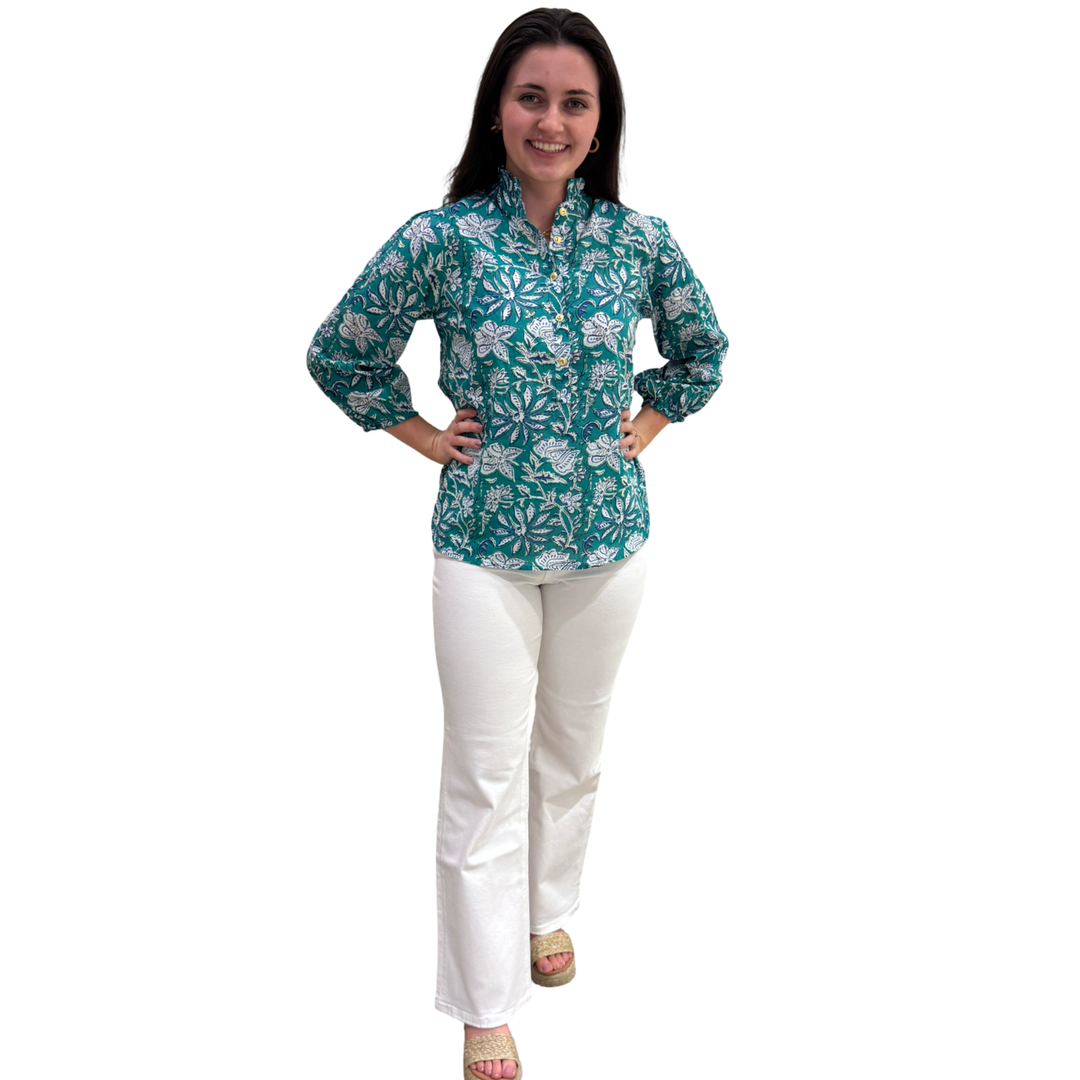 The Tricia Cotton Hand Block Printed Top in Green and Blue Floral — view 2