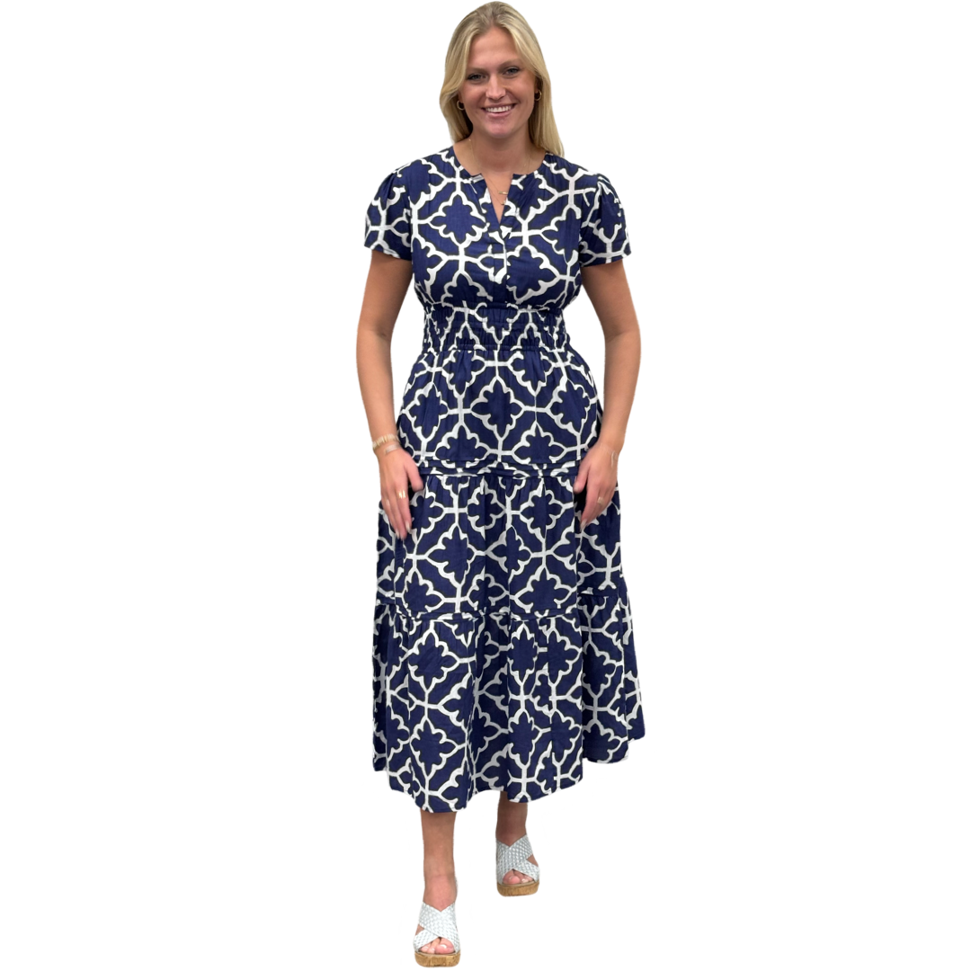 The Sydney Cinch Waist Dress in Hourglass Blue and White — view 2