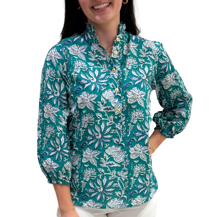 The Tricia Cotton Hand Block Printed Top in Green and Blue Floral — view 3