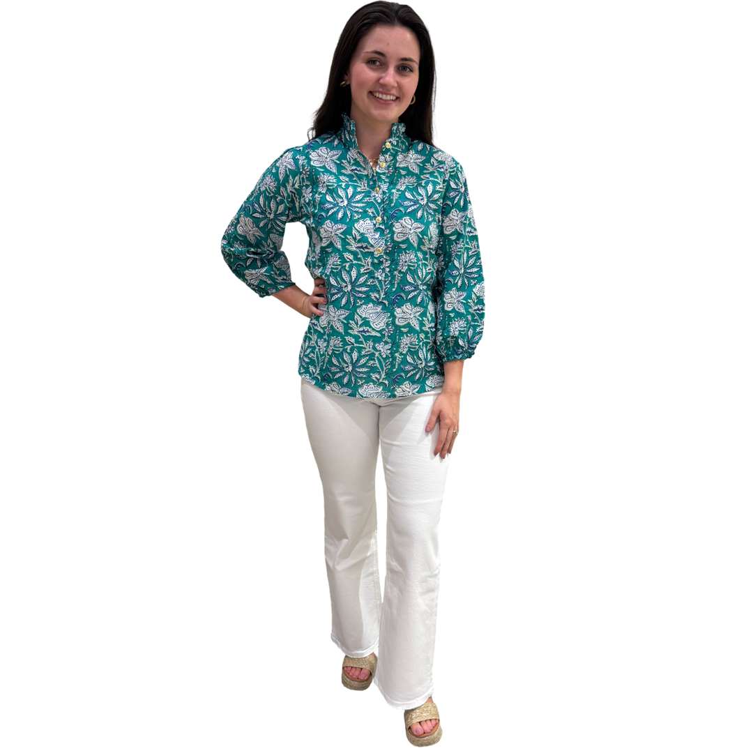 The Tricia Cotton Hand Block Printed Top in Green and Blue Floral — view 4