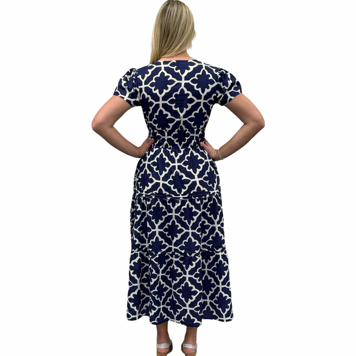 The Sydney Cinch Waist Dress in Hourglass Blue and White — view 5