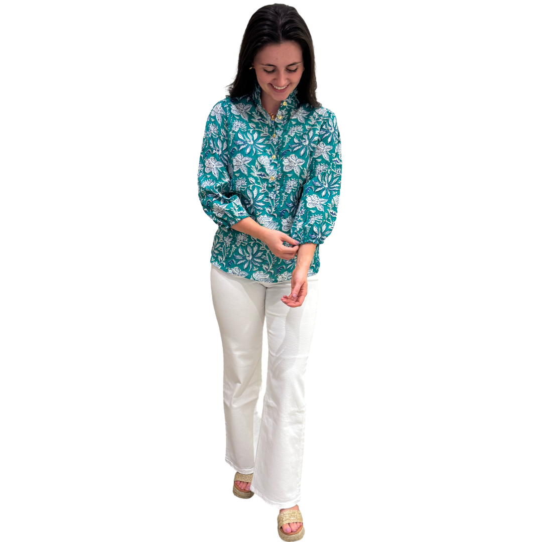 The Tricia Cotton Hand Block Printed Top in Green and Blue Floral — view 5