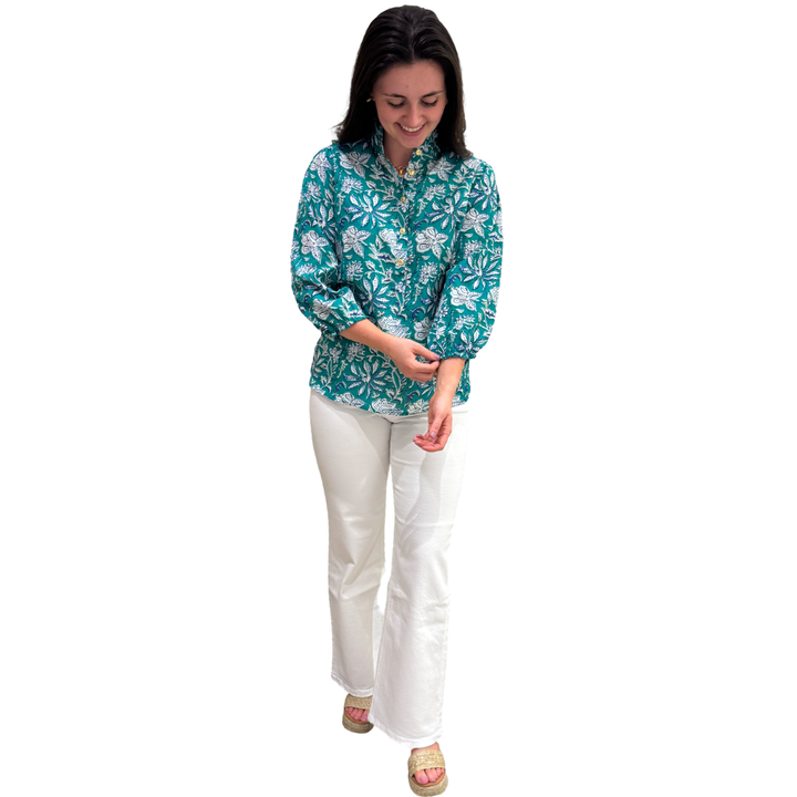 The Tricia Cotton Hand Block Printed Top in Green and Blue Floral — view 5
