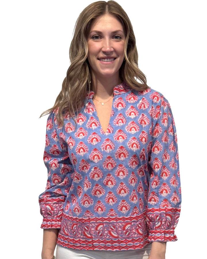 The Melody Cotton Hand Block Printed Top in Blue Red — view 2