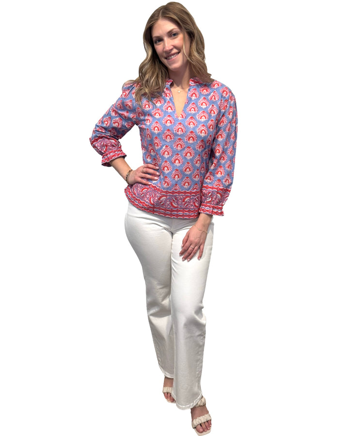 The Melody Cotton Hand Block Printed Top in Blue Red