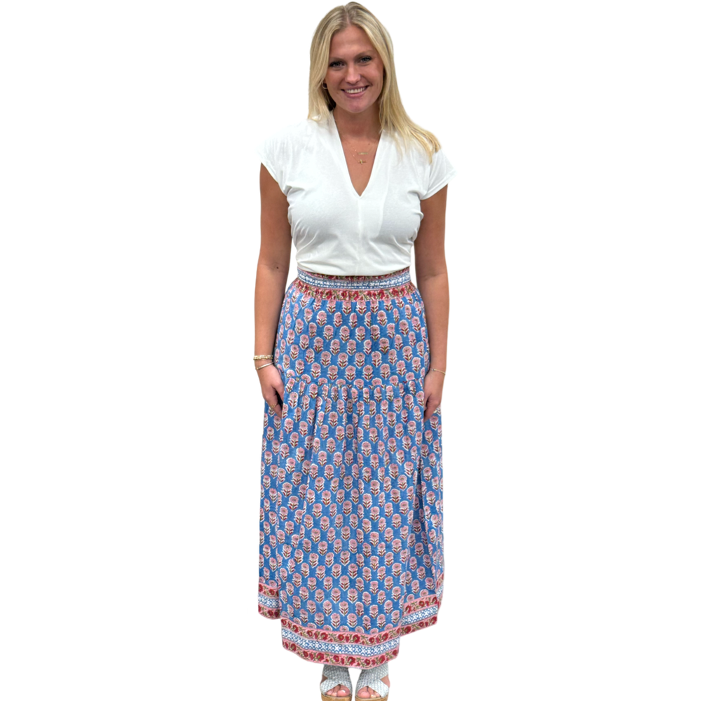 The Lila Border Trim Skirt in Blue and Pink Hand Blocked Cotton — view 2