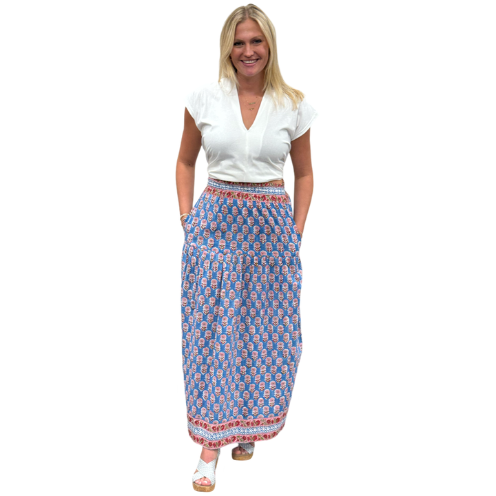 The Lila Border Trim Skirt in Blue and Pink Hand Blocked Cotton — view 6