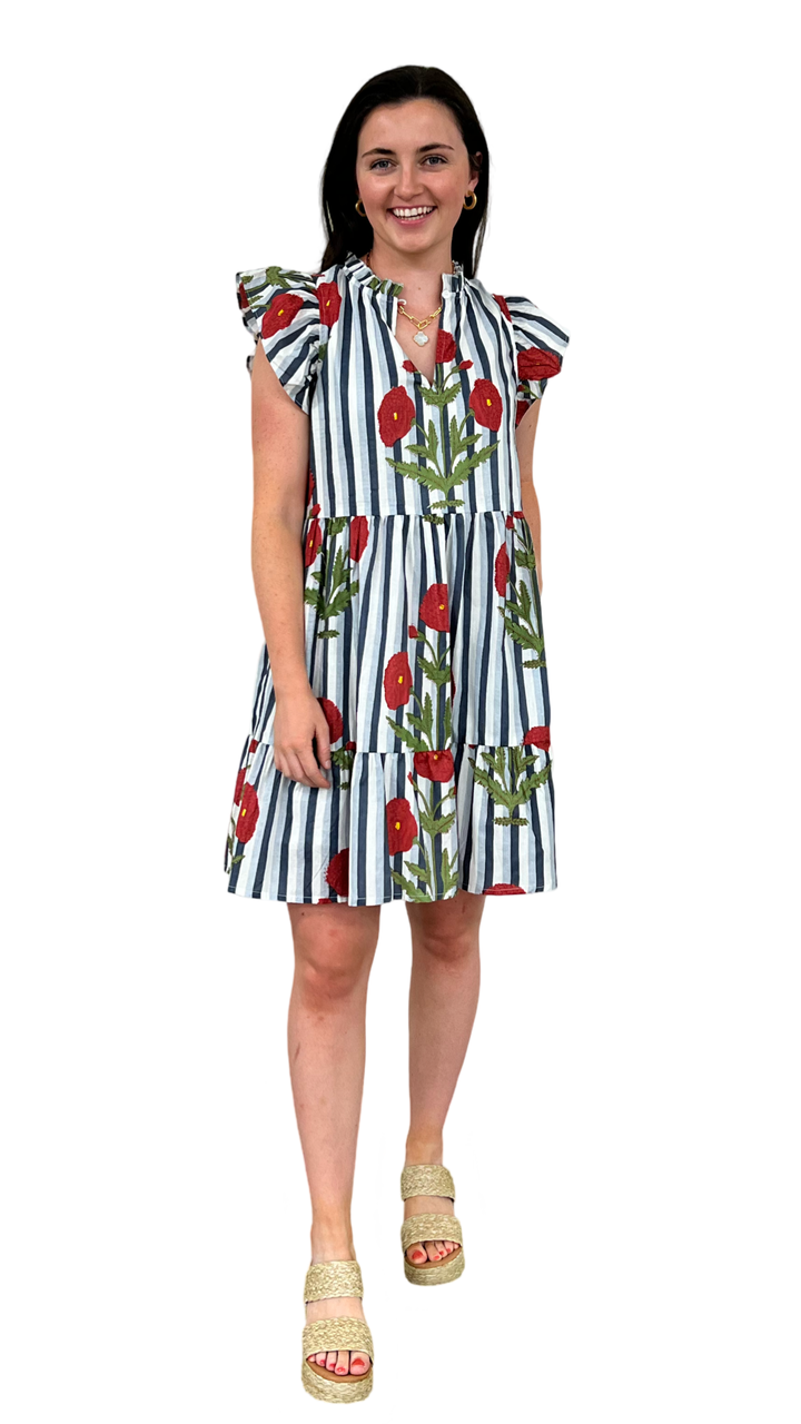 The Tinley Short Hand Block Printed Dress in Blue Grey Floral — view 3