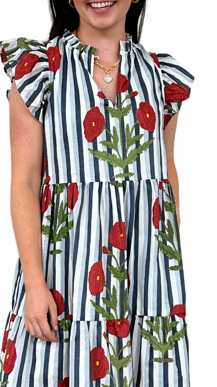 The Tinley Short Hand Block Printed Dress in Blue Grey Floral — view 6