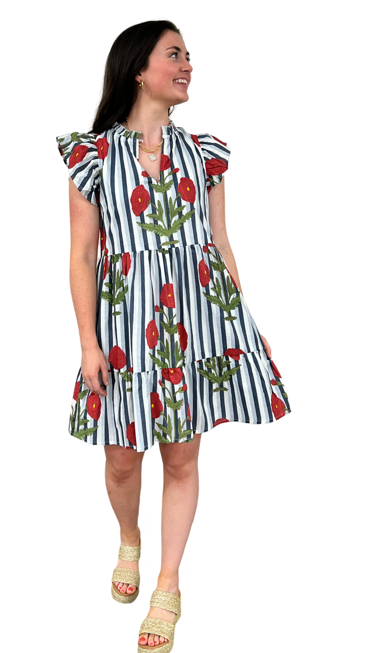 The Tinley Short Hand Block Printed Dress in Blue Grey Floral — view 4