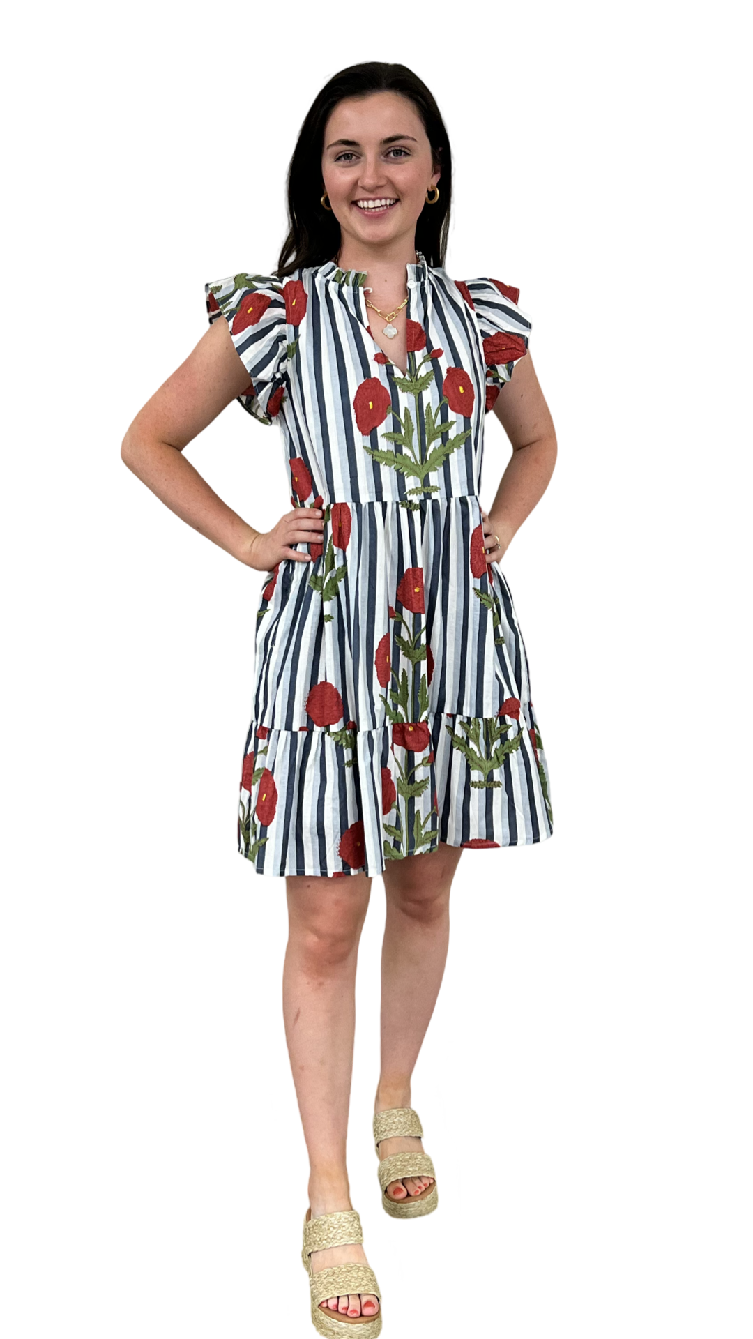 The Tinley Short Hand Block Printed Dress in Blue Grey Floral