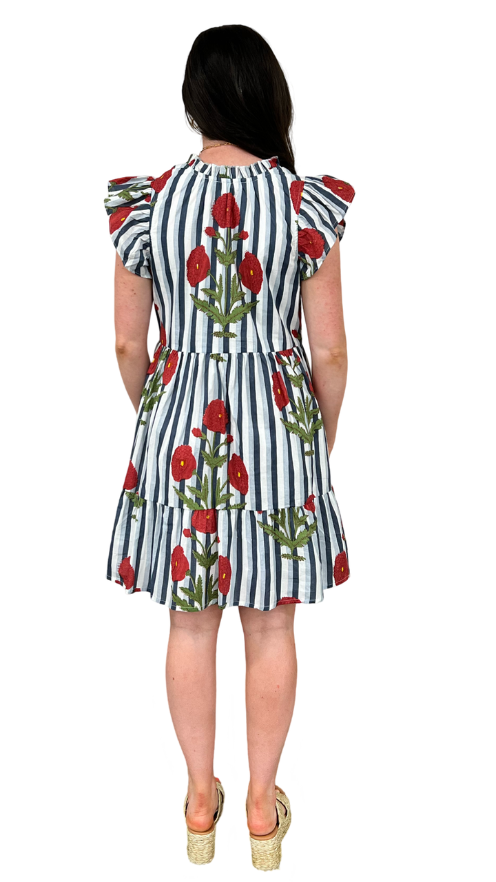 The Tinley Short Hand Block Printed Dress in Blue Grey Floral — view 5