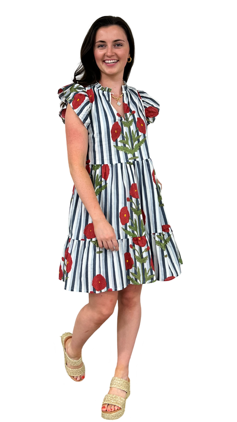 The Tinley Short Hand Block Printed Dress in Blue Grey Floral — view 2