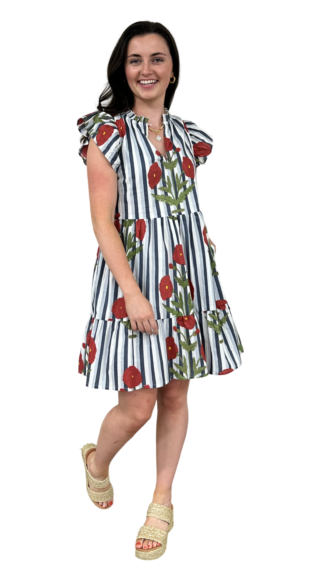 The Tinley Short Hand Block Printed Dress in Blue Grey Floral — view 2