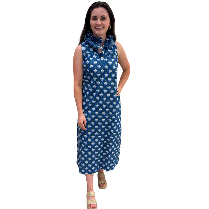The Newport Ruffle Collar Long Dress in Blue Hand Blocked Floral — view 4