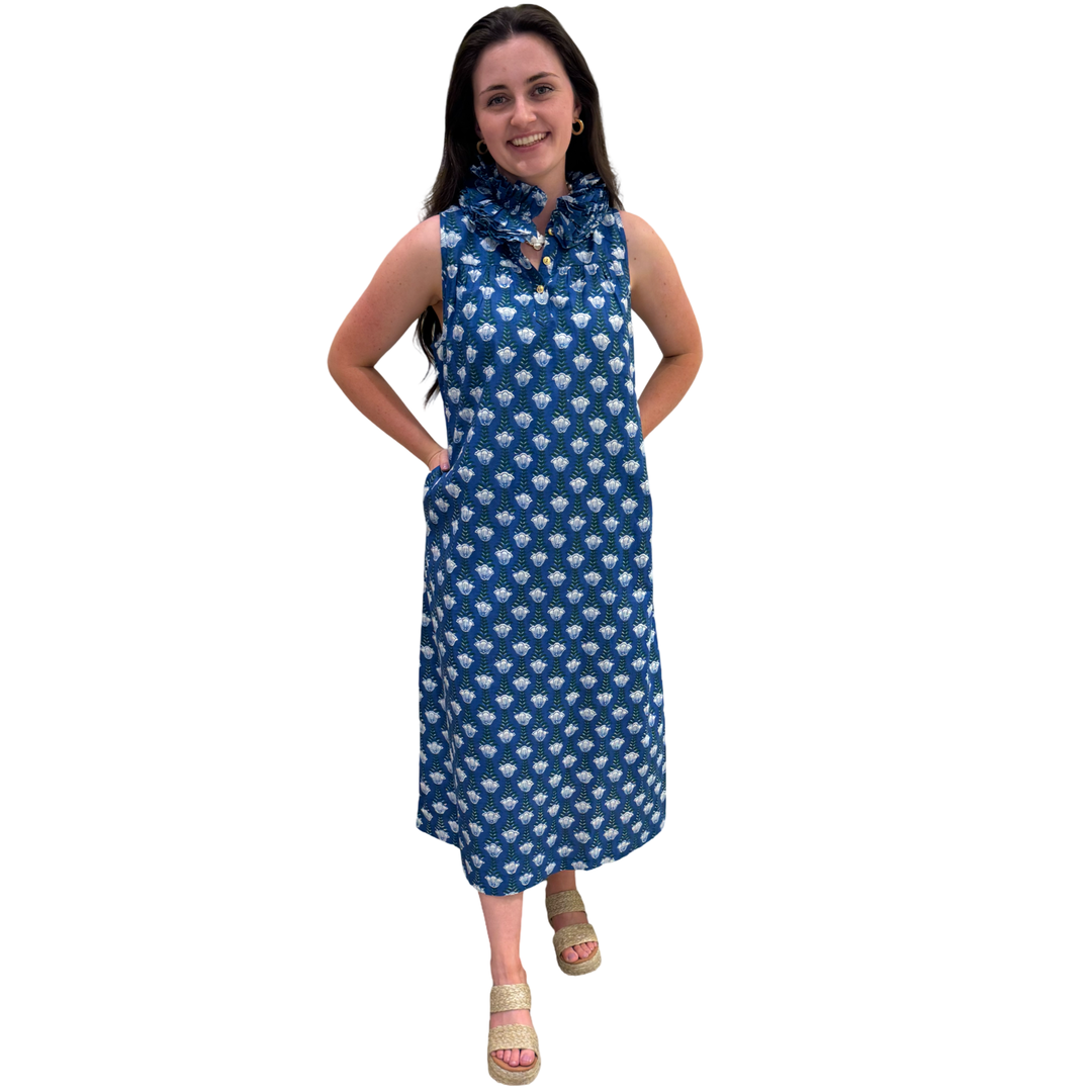 The Newport Ruffle Collar Long Dress in Blue Hand Blocked Floral