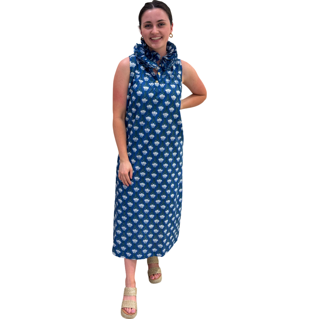 The Newport Ruffle Collar Long Dress in Blue Hand Blocked Floral — view 6