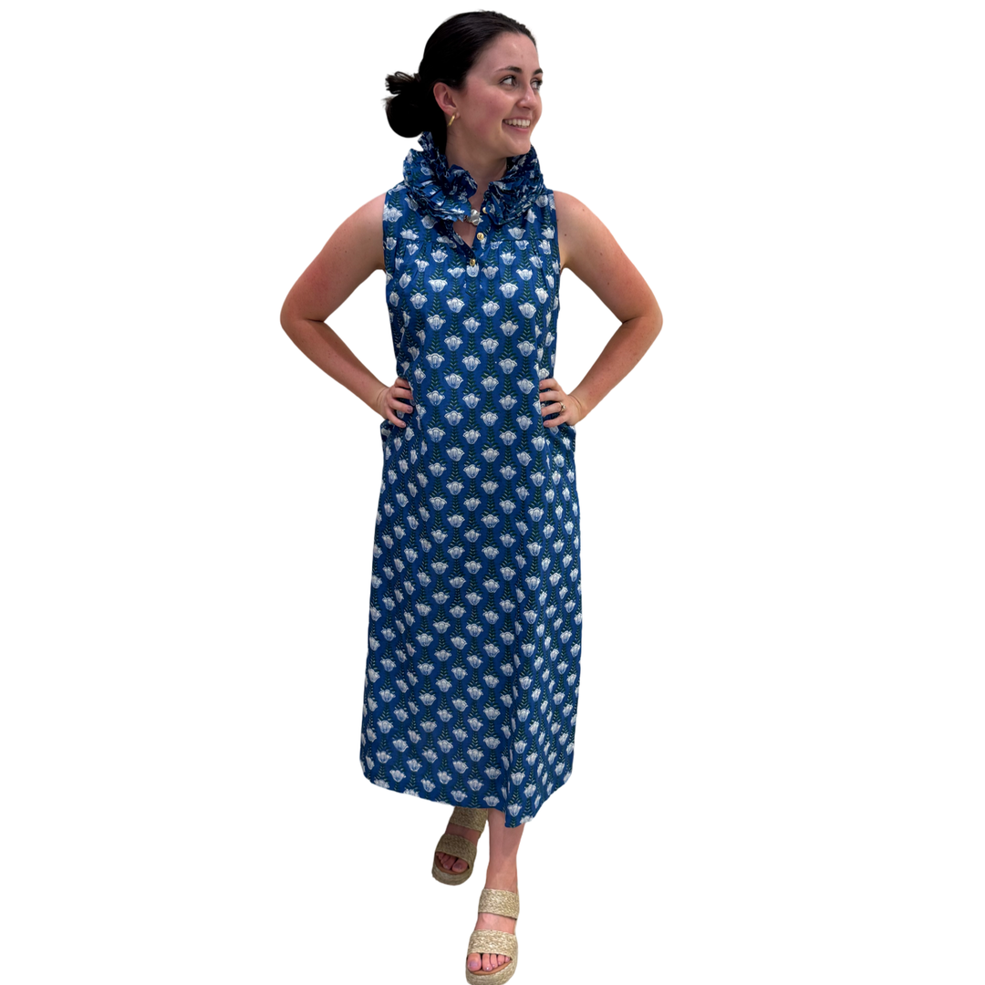 The Newport Ruffle Collar Long Dress in Blue Hand Blocked Floral — view 8