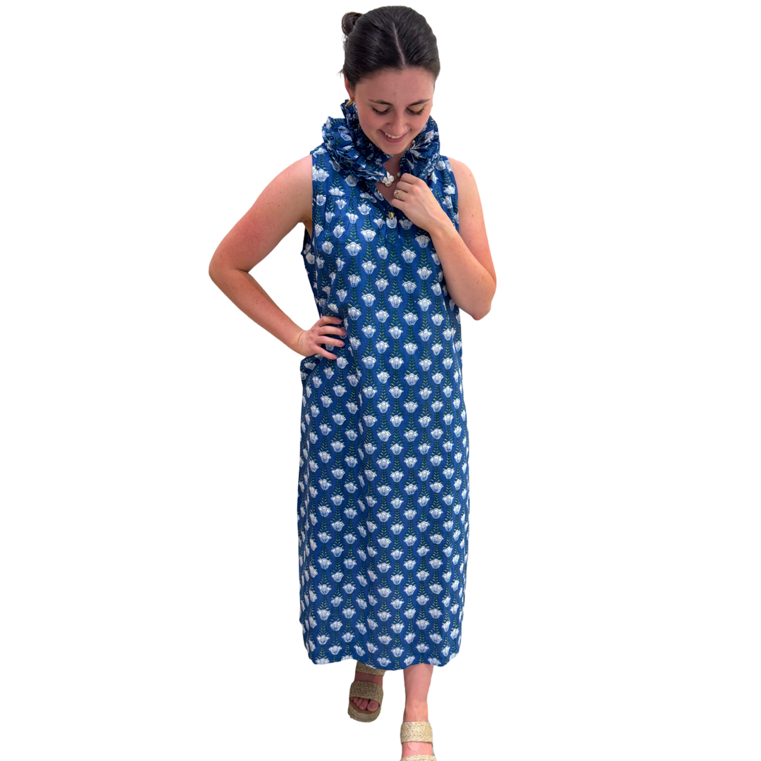 The Newport Ruffle Collar Long Dress in Blue Hand Blocked Floral — view 7