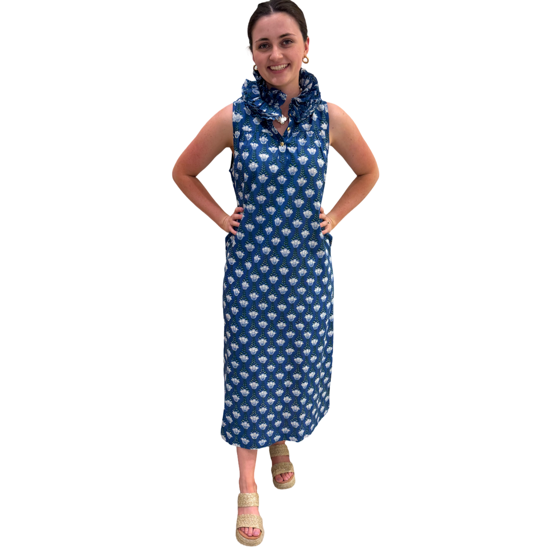 The Newport Ruffle Collar Long Dress in Blue Hand Blocked Floral — view 9