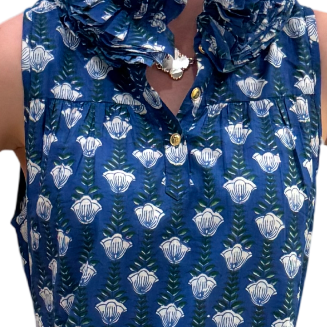 The Newport Ruffle Collar Long Dress in Blue Hand Blocked Floral — view 10