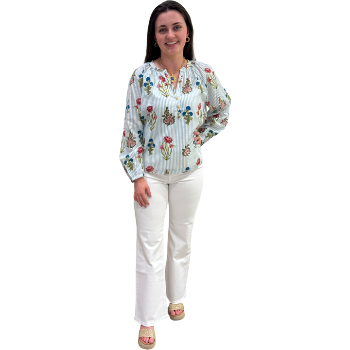 The Chandler Hand Blocked Striped Floral Cotton Top — view 5