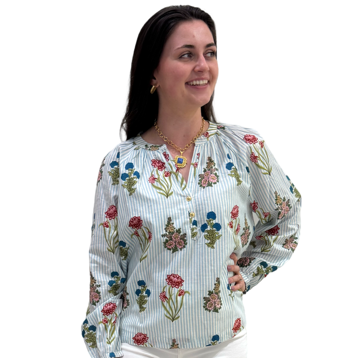 The Chandler Hand Blocked Striped Floral Cotton Top — view 4