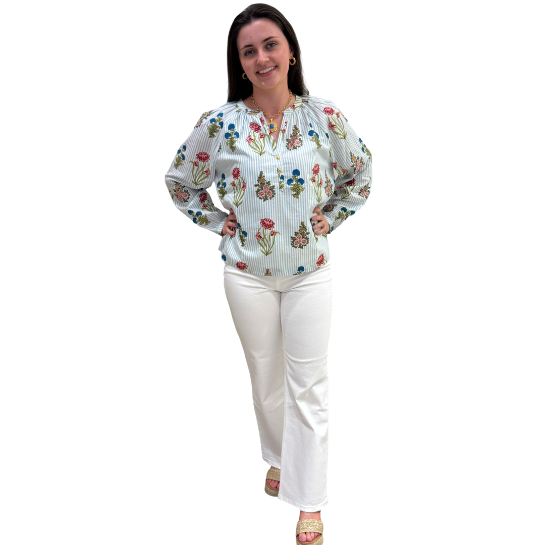 The Chandler Hand Blocked Striped Floral Cotton Top — view 3