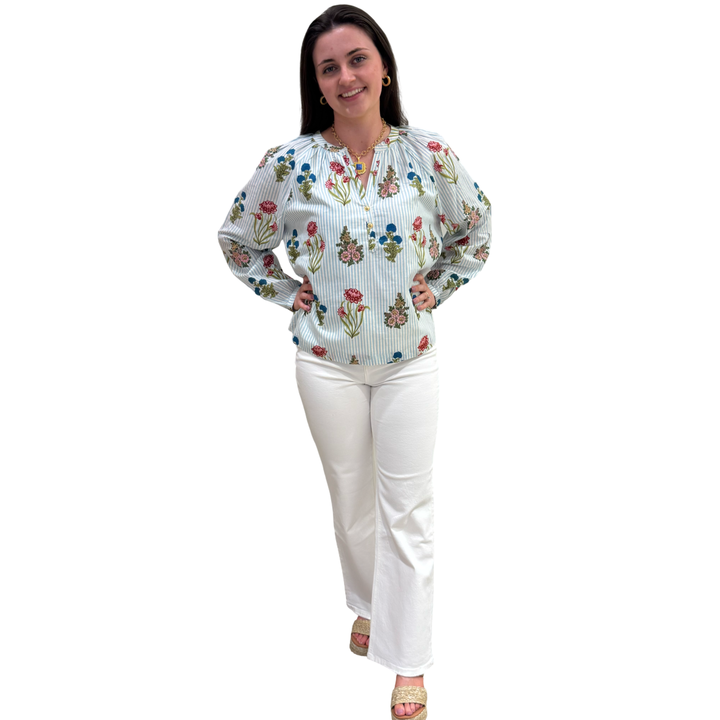 The Chandler Hand Blocked Striped Floral Cotton Top — view 3