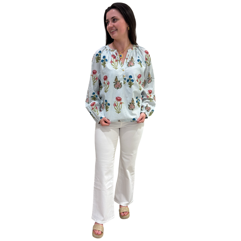 The Chandler Hand Blocked Striped Floral Cotton Top — view 2