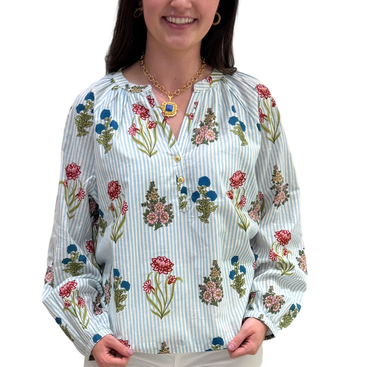 The Chandler Hand Blocked Striped Floral Cotton Top — view 6
