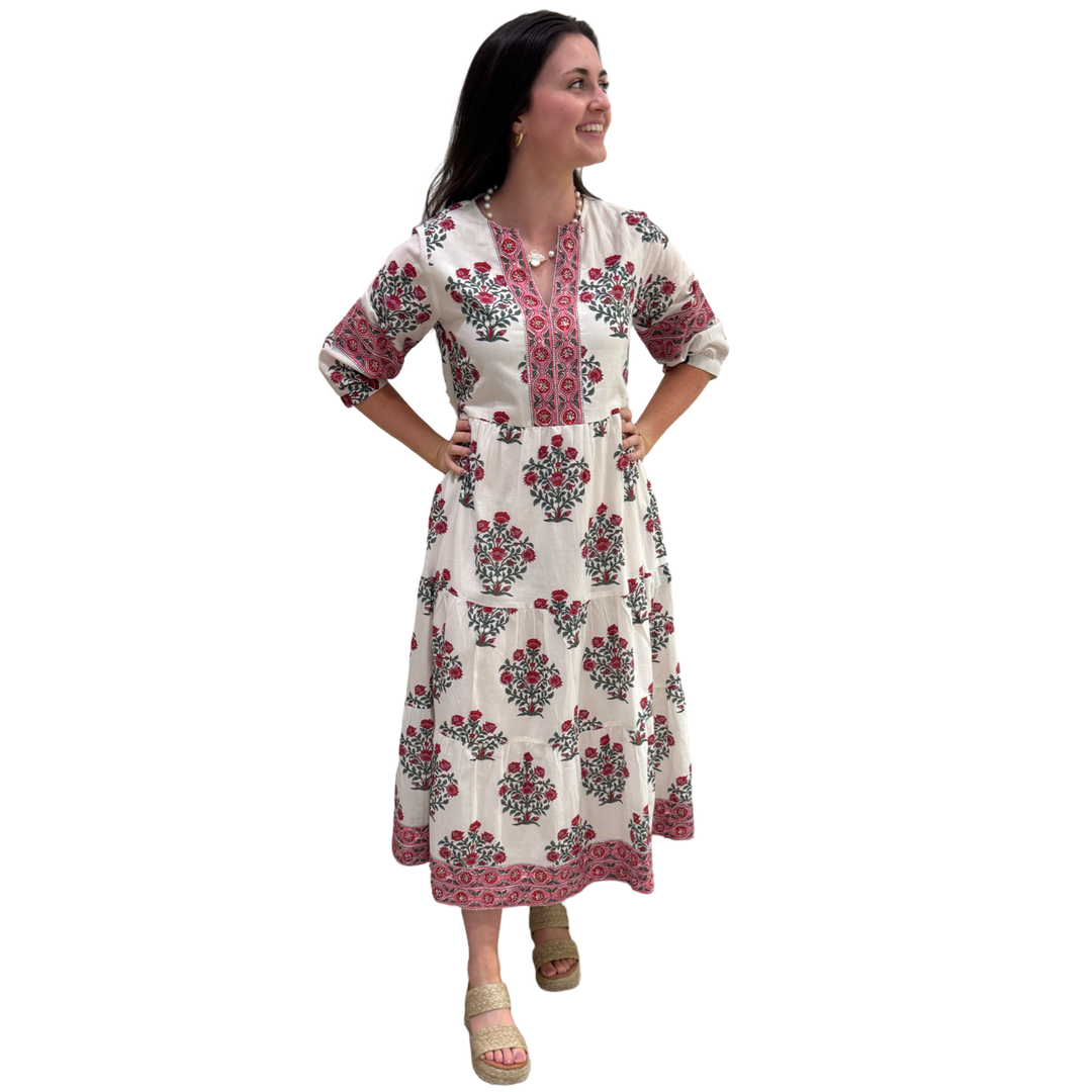 The Evie Long Length Dress in Pink Red Hand Blocked Floral — view 4