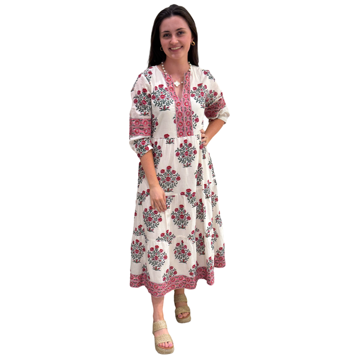 The Evie Long Length Dress in Pink Red Hand Blocked Floral — view 2